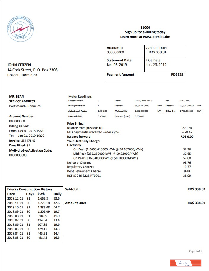 Dominica Electricity Services Limited electricity utility bill template in Word and PDF format